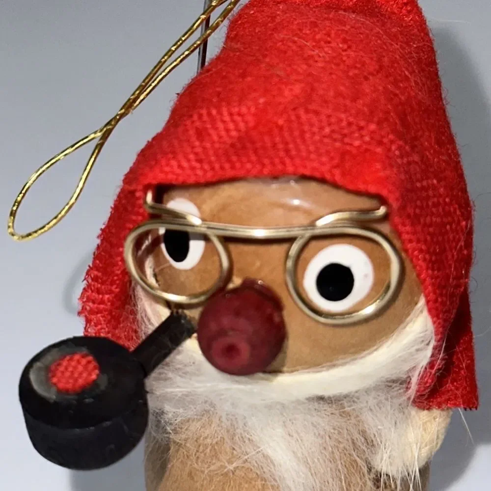 Vintage wooden gnome Christmas tree ornament‎ with glasses & red cap
